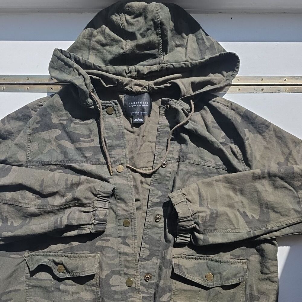 Sanctuary Hoodie Jacket Women's Camo Top w/ Snaps, Pockets L/S Green L - Picture 4 of 9